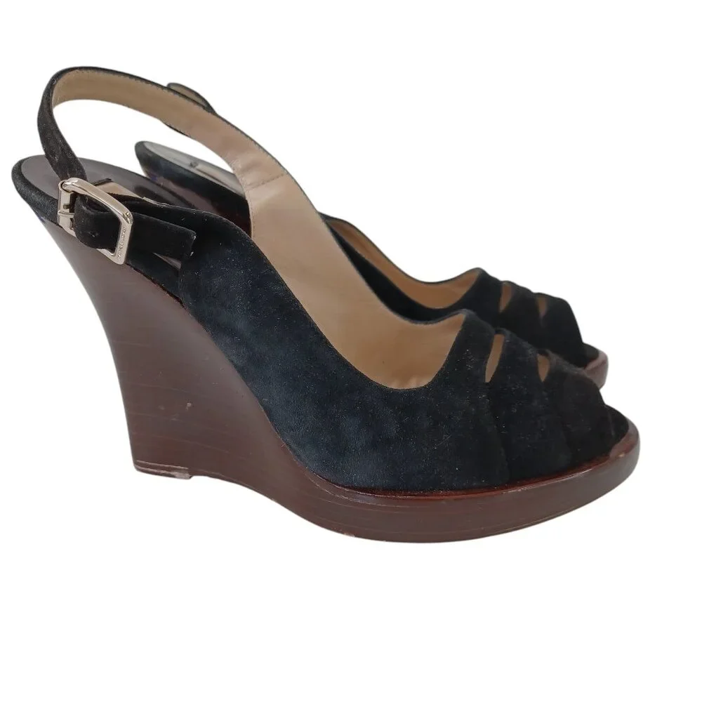 Michael Kors Black Suede Wedge Womens US 7.5 M Heels Retro Look Made‎ In Italy
